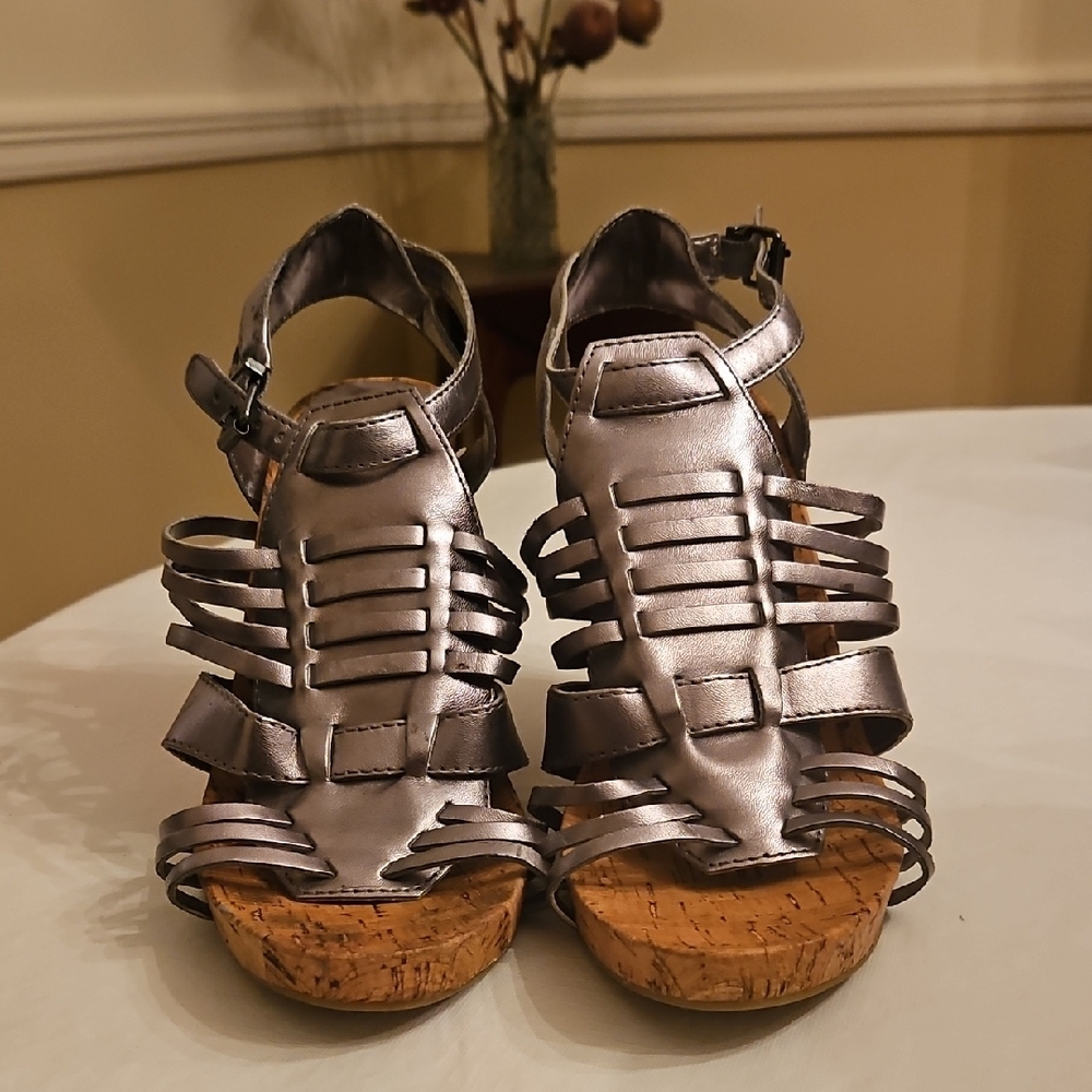 BCBG Silver Gladiator Sandals with Cork Wedge